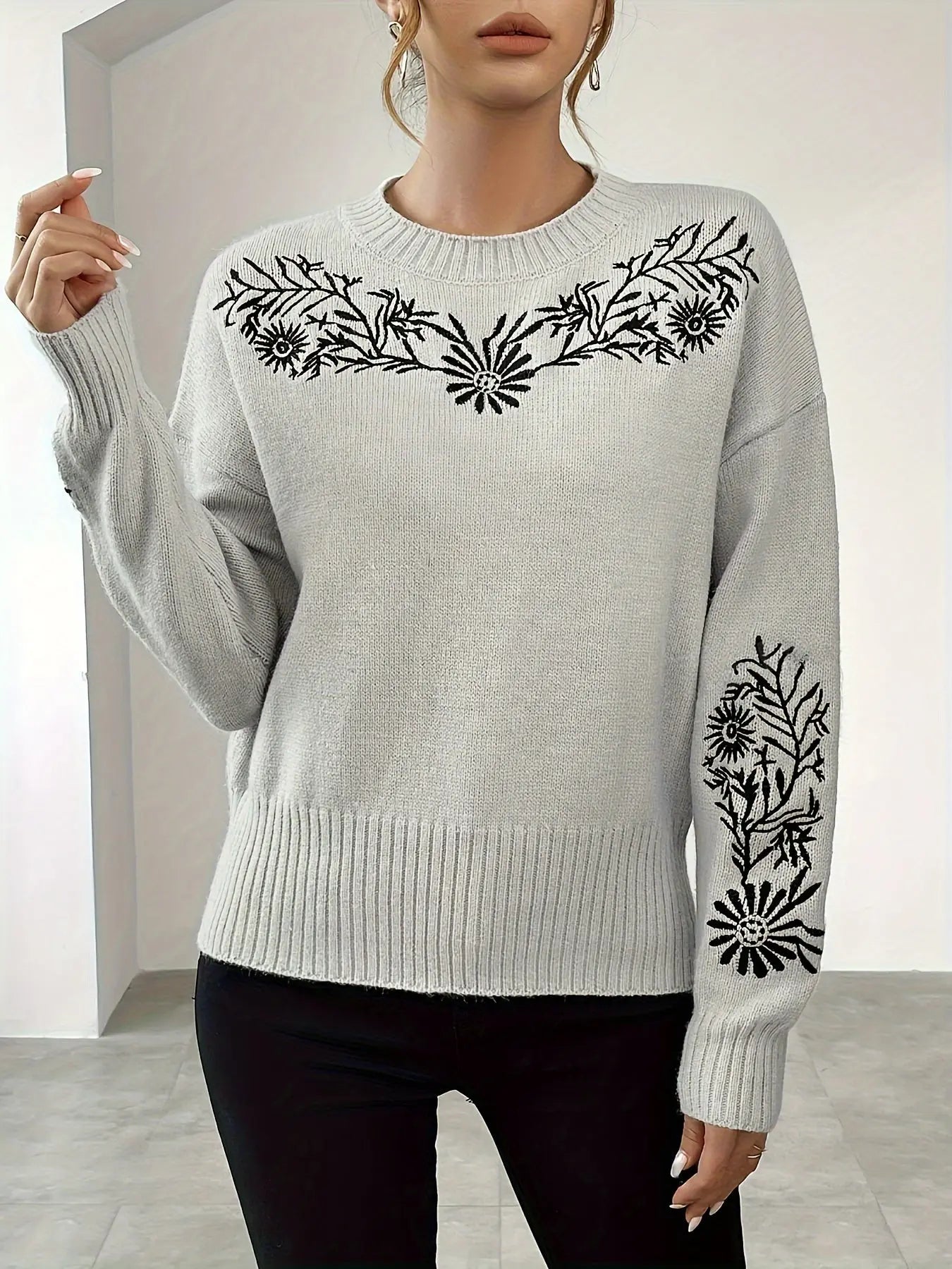 Elegant Embroidered Floral Knit Sweater for Women - Cozy Acrylic Pullover with Long Sleeves, Perfect for Fall & Winter MyFave Boutique