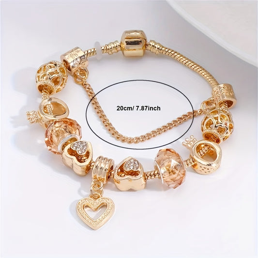 Golden Charm Bracelet, Heart Pendants Beaded Snake Chain Crystal Design Versatile Jewelry Gift For Women MyFave Boutique