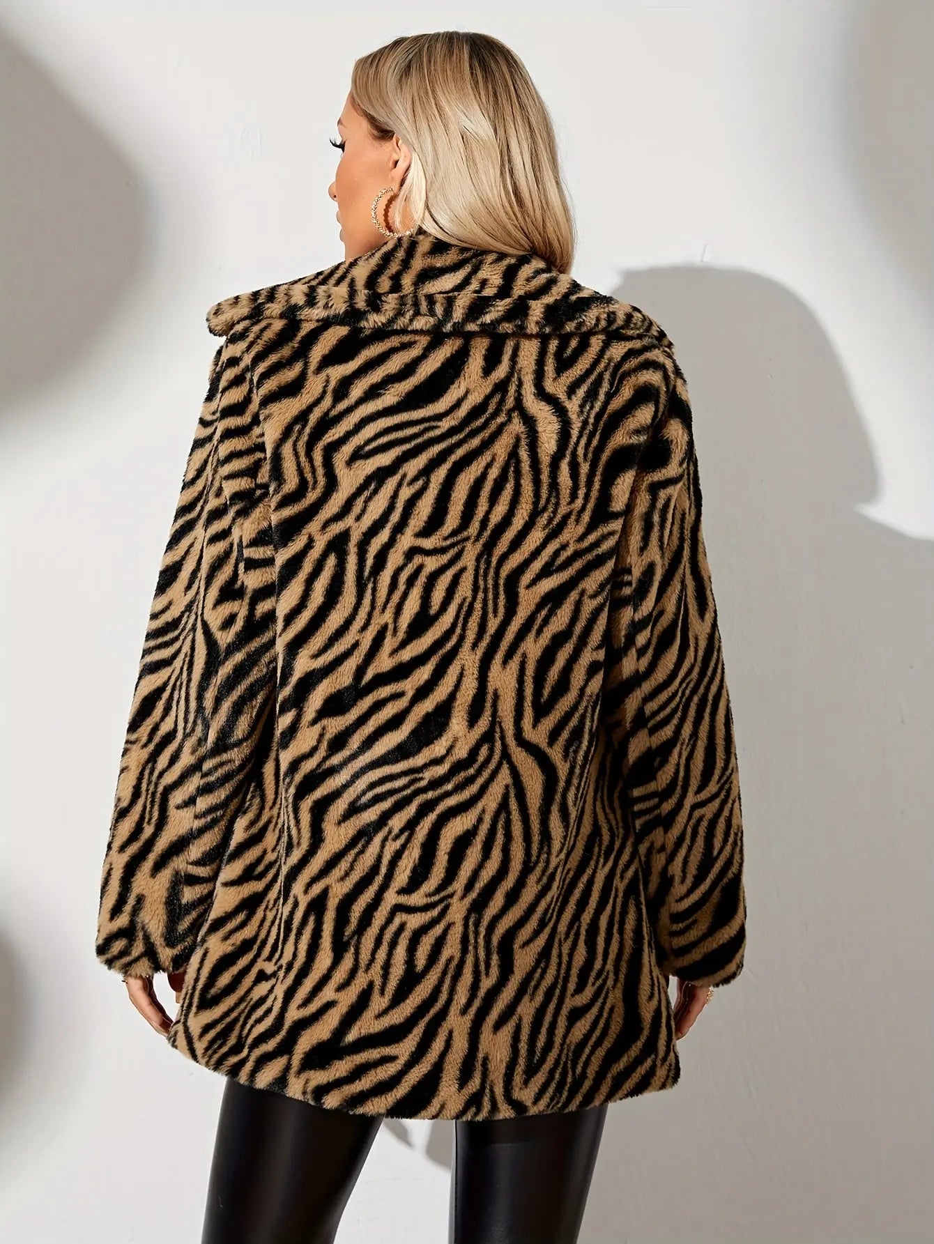 Tiger Stripe Warm Coat, Casual Open Front Long Sleeve Outerwear, Women's Clothing MyFave Boutique