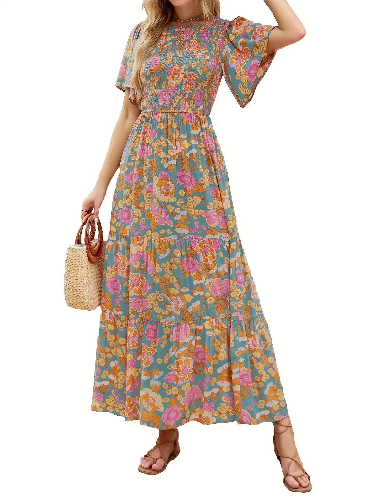 Floral Print Shirred Bust Dress - Elegant Ruffle Sleeve A-line Dress, Maxi Dress, for Spring & Summer MyFave Boutique