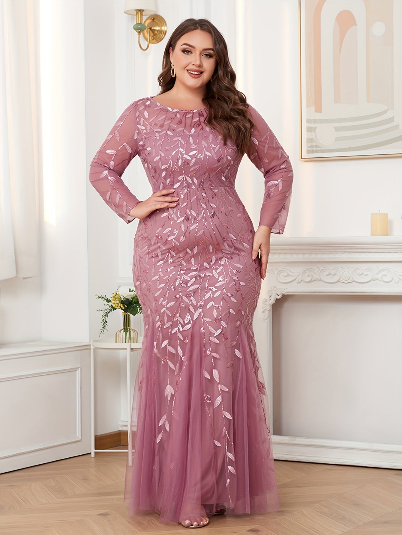 Elegant Women's Embroidered Beads Bodycon Evening Gown with Long Sleeves, Crew Neckline, and Slim Fish Tail Design for Bridesmaid, Cocktail Party, and Special Occasions MyFave Boutique