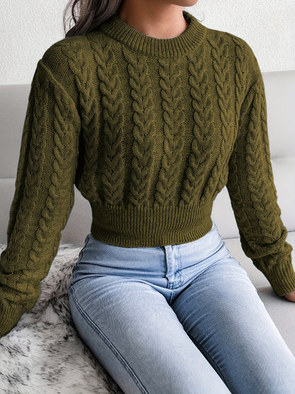 Solid Crew Neck Cable Knit Sweater, Casual Long Sleeve Pullover Sweater, Women's Clothing MyFave Boutique