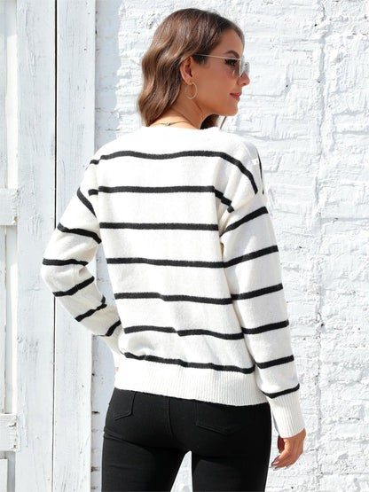 Striped V Neck Knit Sweater, Elegant Long Sleeve Pullover Sweater, Women's Clothing MyFave Boutique