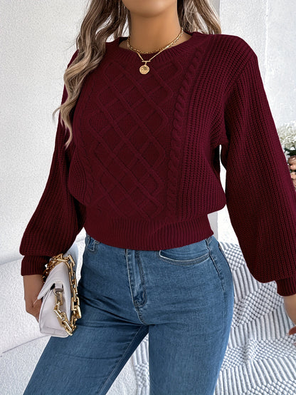 Elegant Solid Color Cable Knit Sweater for Women - Cozy Acrylic, Long Sleeve, Round Neck Pullover for Fall/Winter MyFave Boutique