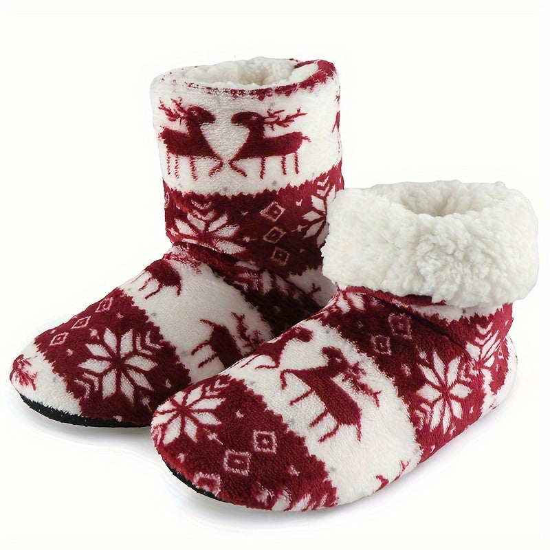 Christmas Style Plush Slipper Boots, Winter Cozy & Warm Slip On Flat Shoes, Thermal Home Floor Sock Slippers MyFave Boutique