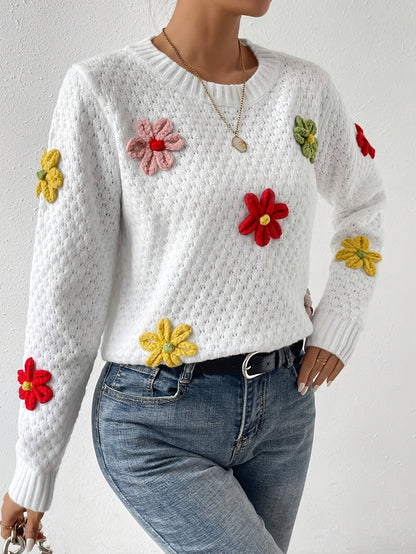 Floral Design Crew Neck Knitted Sweater, Casual Long Sleeve Drop Shoulder Pullover Sweater For Fall & Winter, Women's Clothing MyFave Boutique