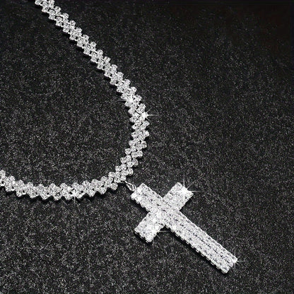 Luxury Multilayer Rhinestone Cross Pendant Necklace Silver Color Neck Jewelry Gift MyFave Boutique