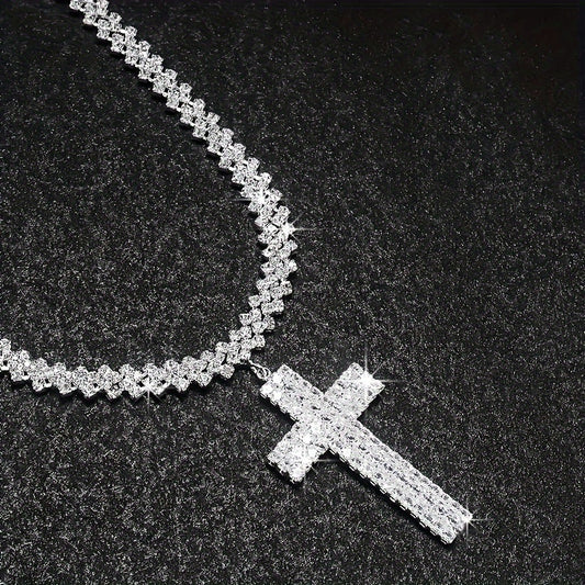 Luxury Multilayer Rhinestone Cross Pendant Necklace Silver Color Neck Jewelry Gift MyFave Boutique