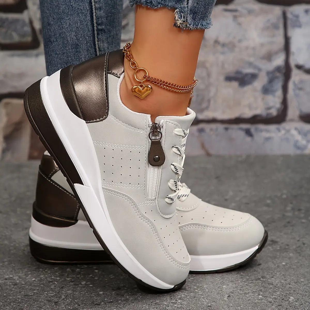 Women's Fashion Sneakers Low-Top Lace-Up Casual Athletic Shoes with Side Zipper - Solid Color Fabric-Lined PU Sole Comfort Walking Trainers for All Seasons MyFave Boutique