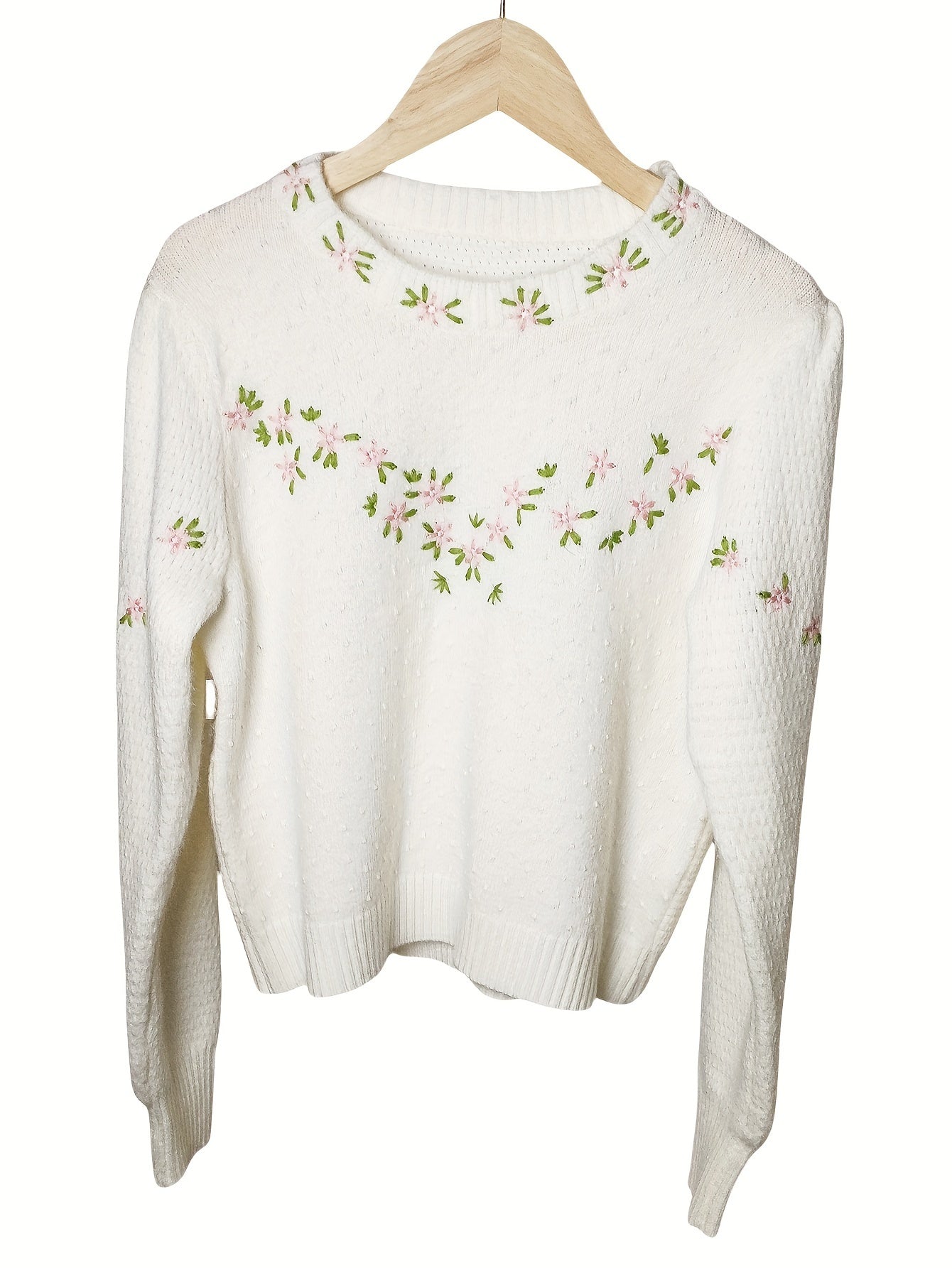 Floral Embroidered Crew Neck Sweater, Casual Long Sleeve Sweater For Fall & Winter, Women's Clothing MyFave Boutique