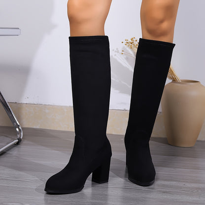 Elegant Knee-High Boots For Women, High Heel Soft Sole Slim Halloween Boots, Round Toe Versatile Boots MyFave Boutique