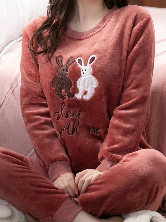 Women's Cute Bunny & Letter Pattern Velvet Thick Lounge Set, Long Sleeve Round Neck Top & Pants, Comfortable Relaxed Fit For Fall & Winter MyFave Boutique