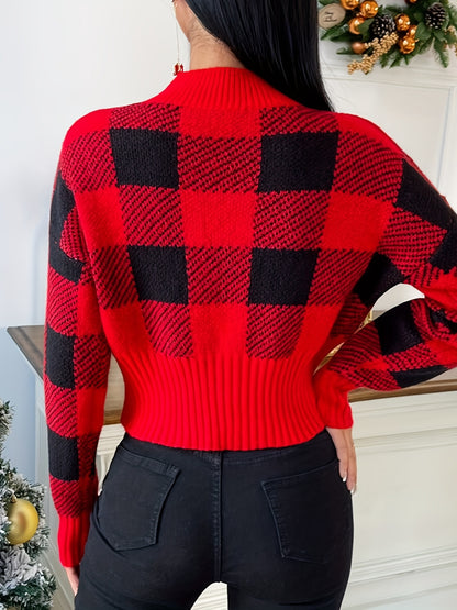 Plaid Crew Neck Pullover Sweater, Casual Long Sleeve Fall Winter Sweater, Women's Clothing MyFave Boutique