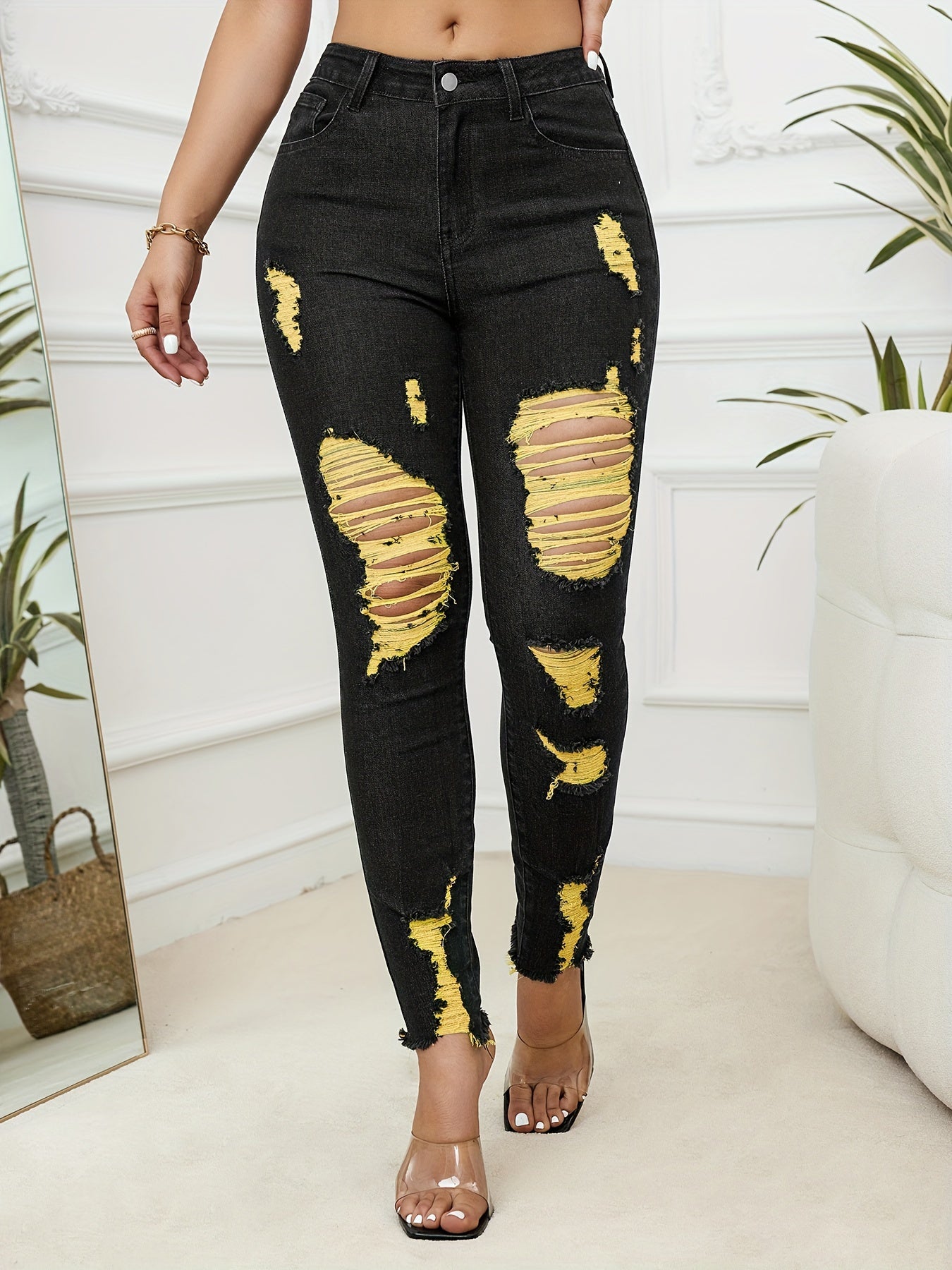 Stylish Women's Mid-Waist Distressed Jeans - Stretchy Denim, Casual Ripped Long Pants with Frayed Hem, Washed Effect, Black with Yellow Accent, Comfortable Fit, Versatile Style, Everyday Wear MyFave Boutique