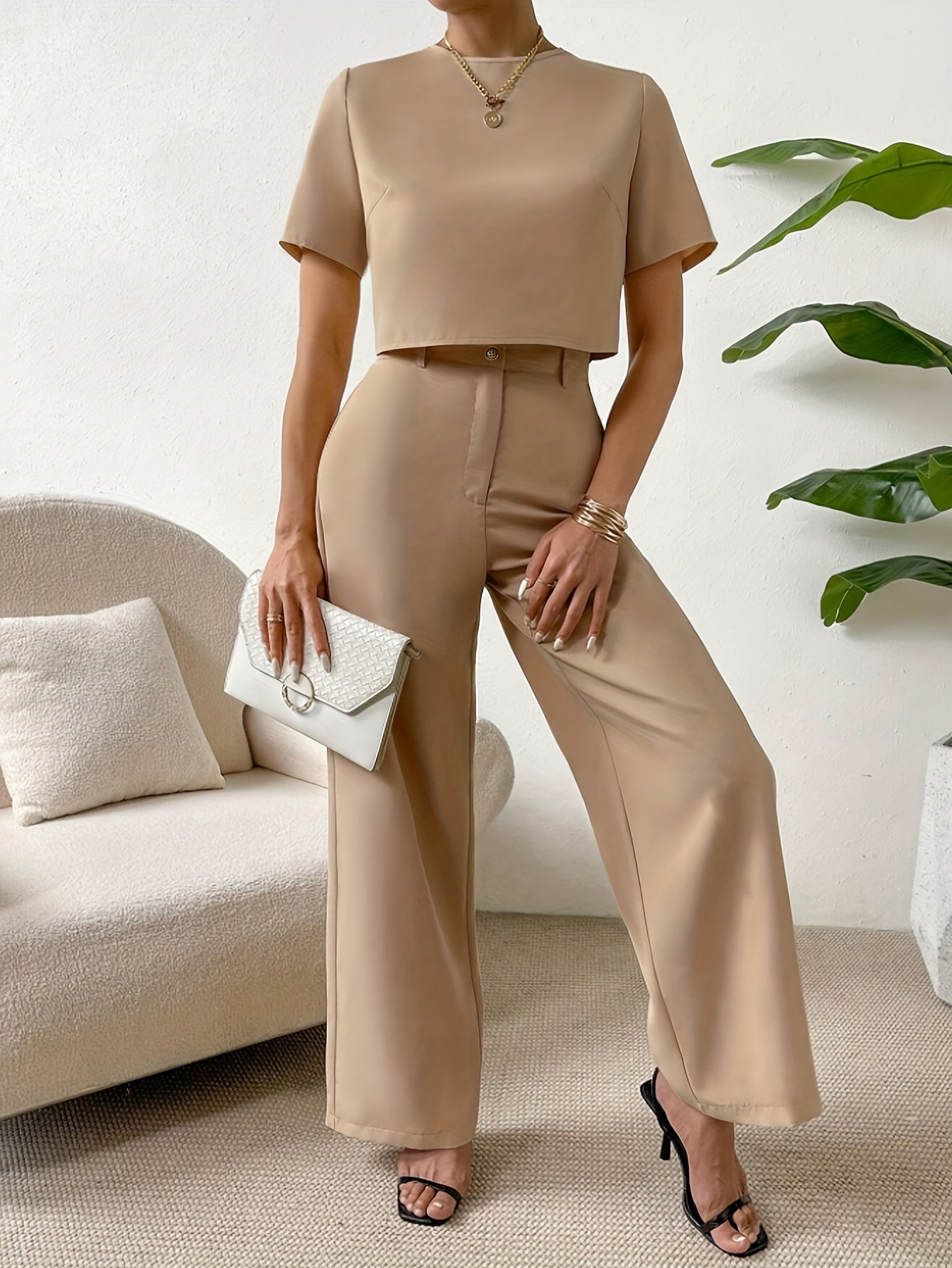 Elegant Simple Pants Set, Crew Neck Short Sleeve Crop T-shirt & Straight Leg High Waist Pants, Women's Clothing MyFave Boutique