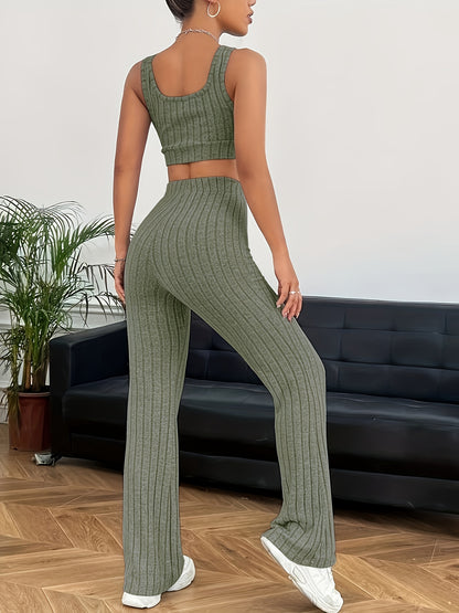 Solid Ribbed Sporty Casual Two-piece Set, Crop Tank Top & High Waist Pants Outfits, Women's Clothing MyFave Boutique