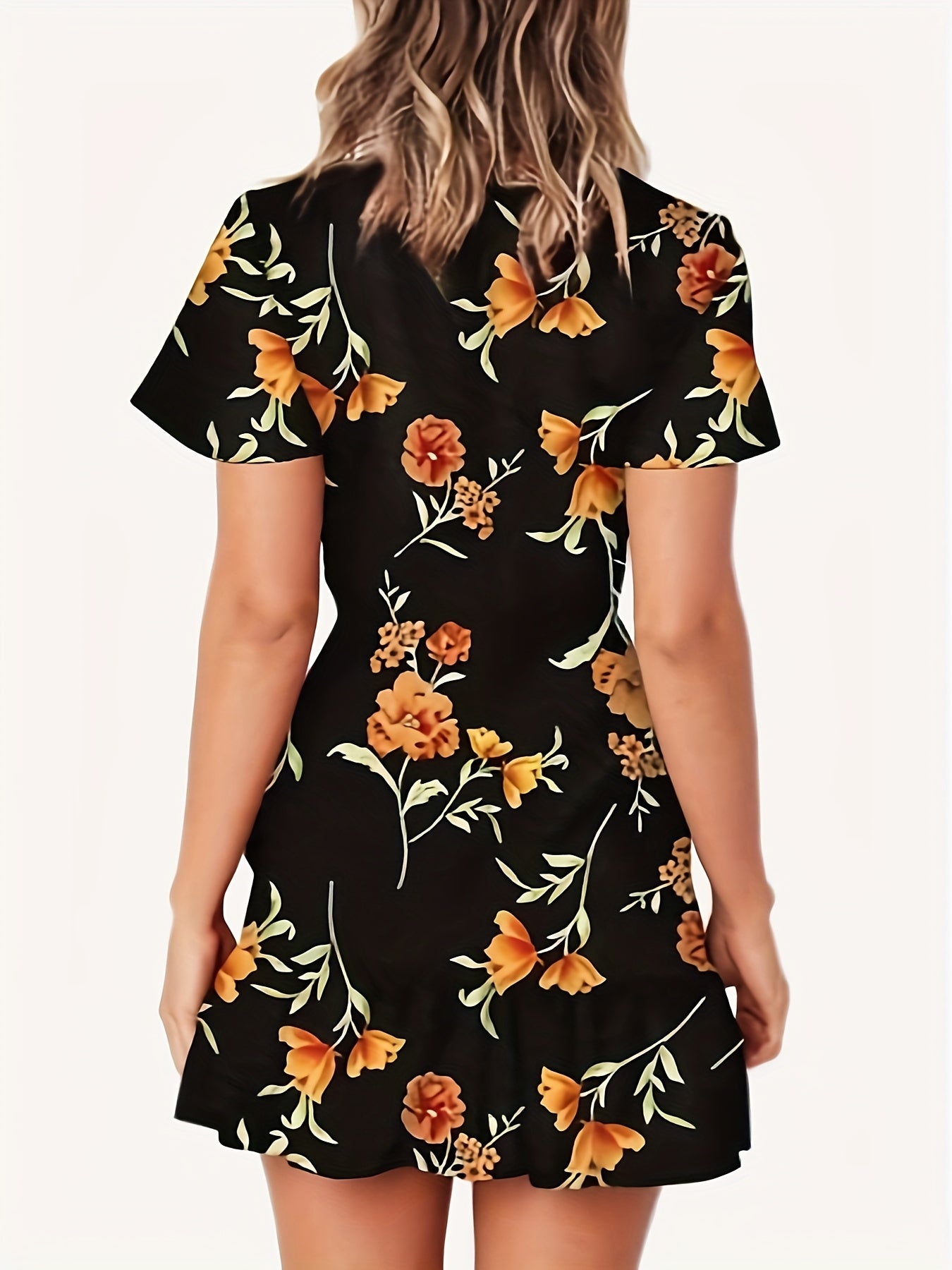 Floral Print V Neck Dress, Elegant Short Sleeve Waist Belt Dress For Spring & Summer, Women's Clothing MyFave Boutique