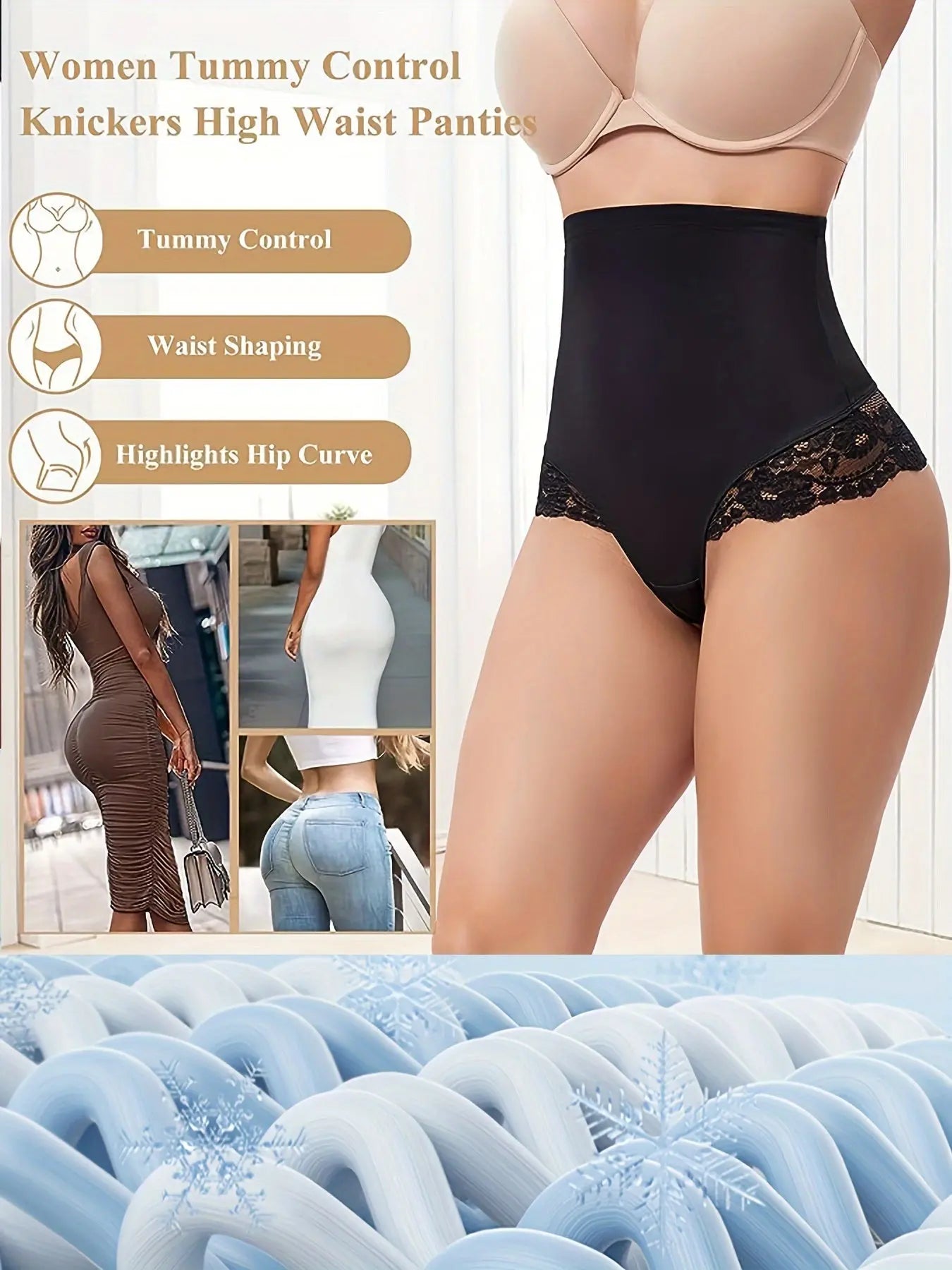 Contrast Lace High Waist Shaping Thongs, Tummy Control Compression Slimmer Panties To Lift & Shape Buttocks, Women's Underwear & Shapewear MyFave Boutique