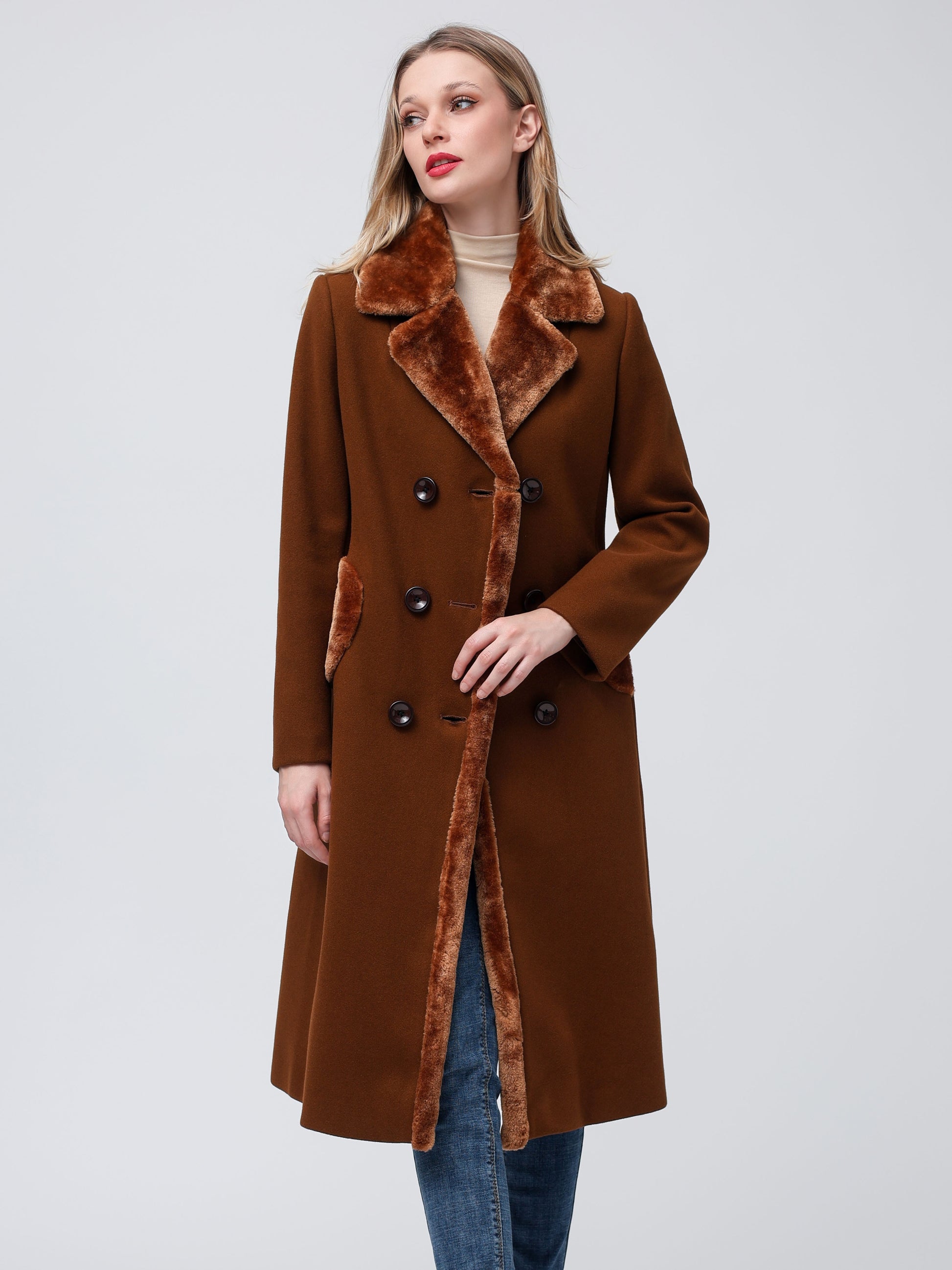 Women's Big Notch Lapel Double Breasted Mid-Long 5% Wool Blend Coat Jackets MyFave Boutique