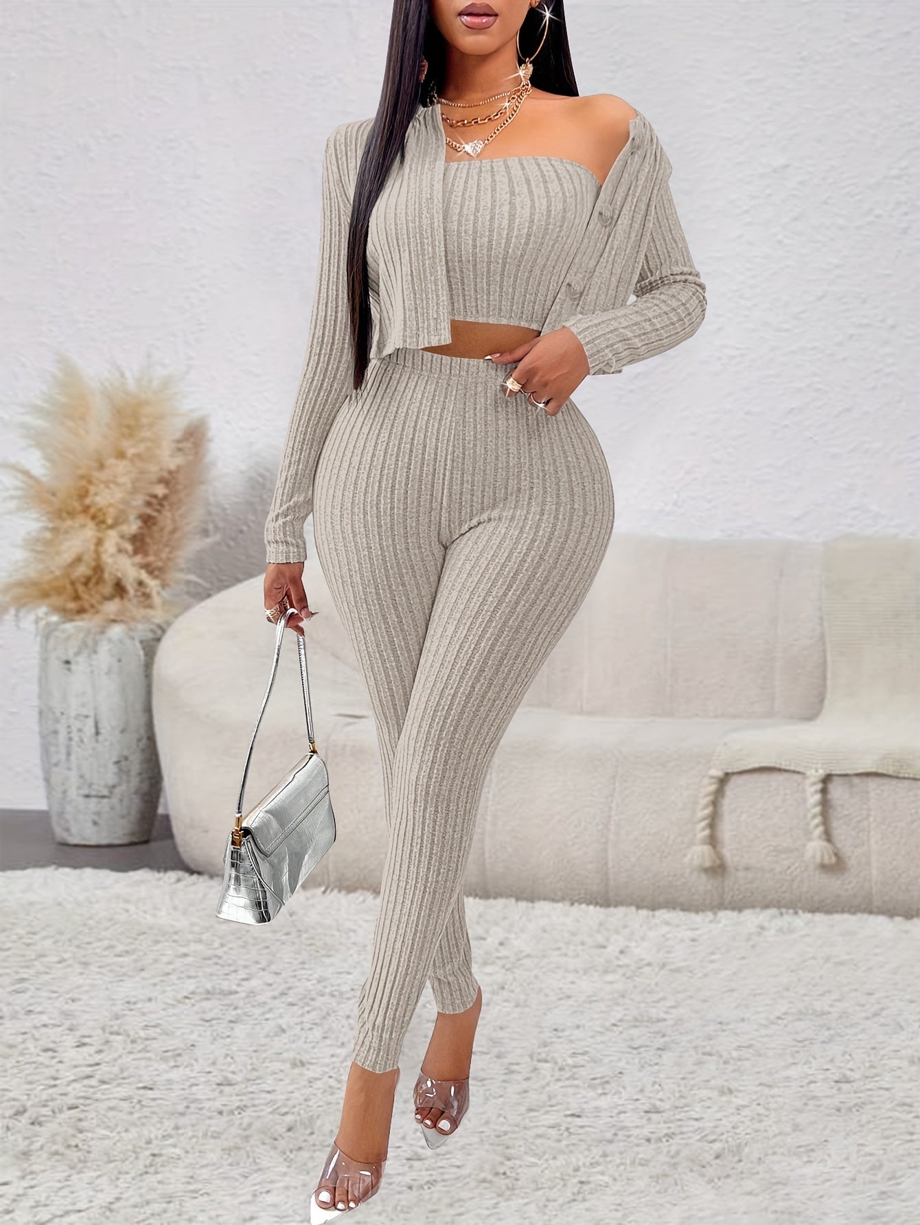 Ribbed Casual Three-piece Set, Button Front Long Sleeve Cardigan & Sleeveless Crop Top & Slim Pants Outfits, Women's Clothing MyFave Boutique