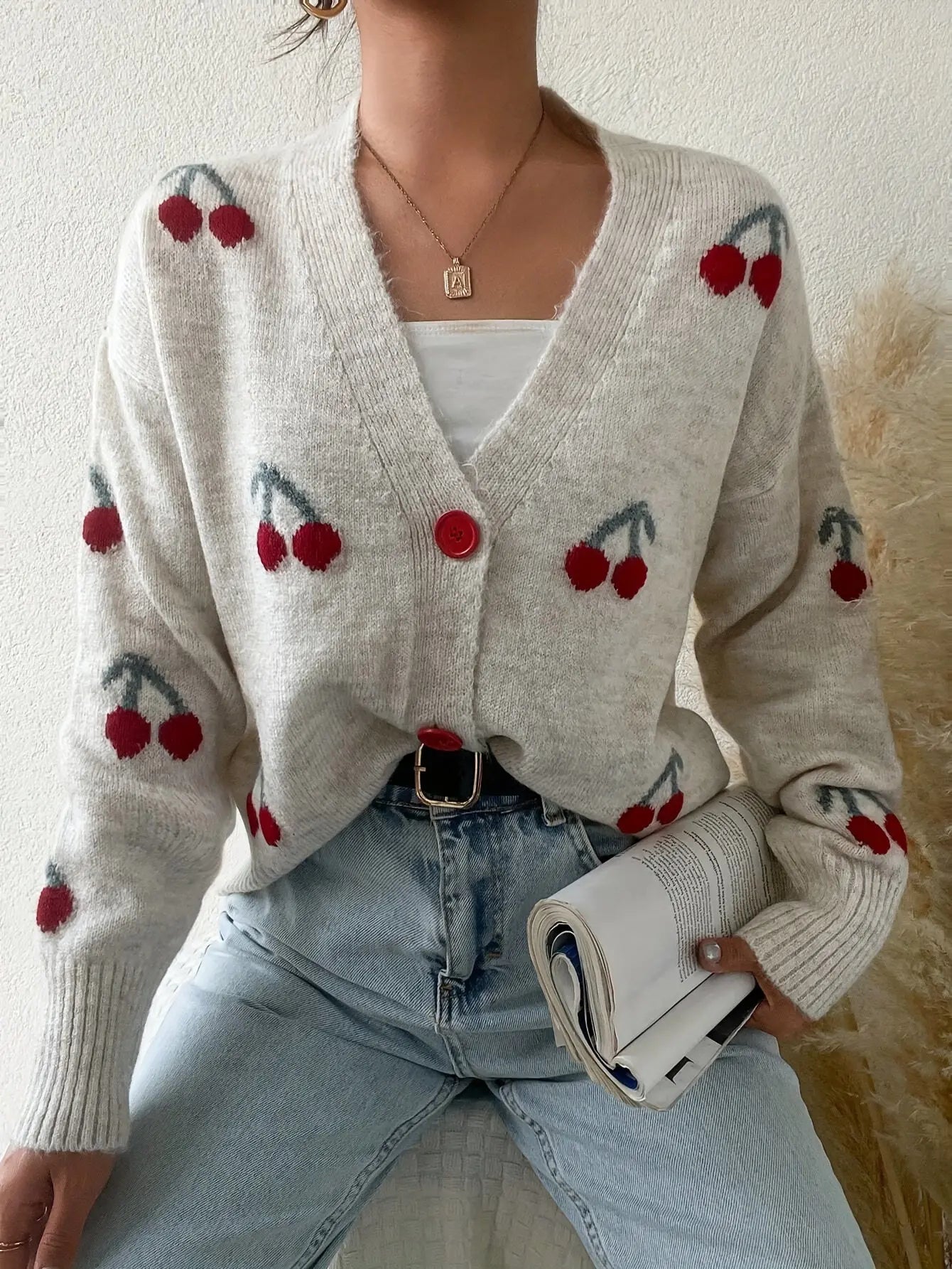 Elegant Acrylic Sweater Cardigan with Color Block Cherry Pattern, V-Neck Knit Fabric Pullover for All Seasons MyFave Boutique