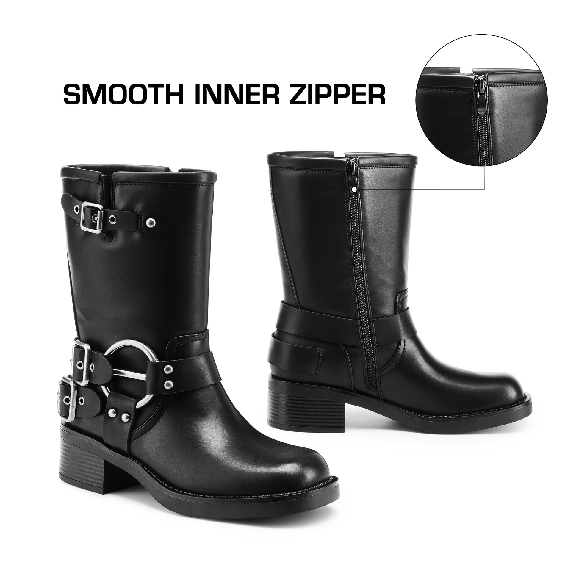 Mid Calf Biker Boots for Women: Square Toe, Buckles, Low Chunky Heel MyFave Boutique