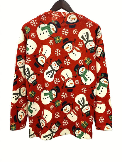 Elegant Crew Neck Snowman Print Long Sleeve Sweater - Women's Fall/Winter Knitted Pullover, Polyester Blend with Acrylic & Nylon, Christmas Pattern MyFave Boutique