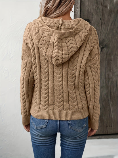 Solid Cable Knit Hoodie Sweater, Casual Long Sleeve Drop Shoulder Button Front Sweater For Fall & Winter, Women's Clothing MyFave Boutique