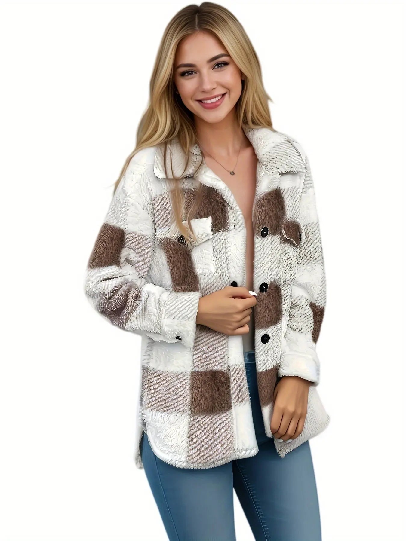 Plaid Pattern Button Front Jacket - Long Sleeve Warm Outerwear for Fall & Winter - Women's Clothing MyFave Boutique