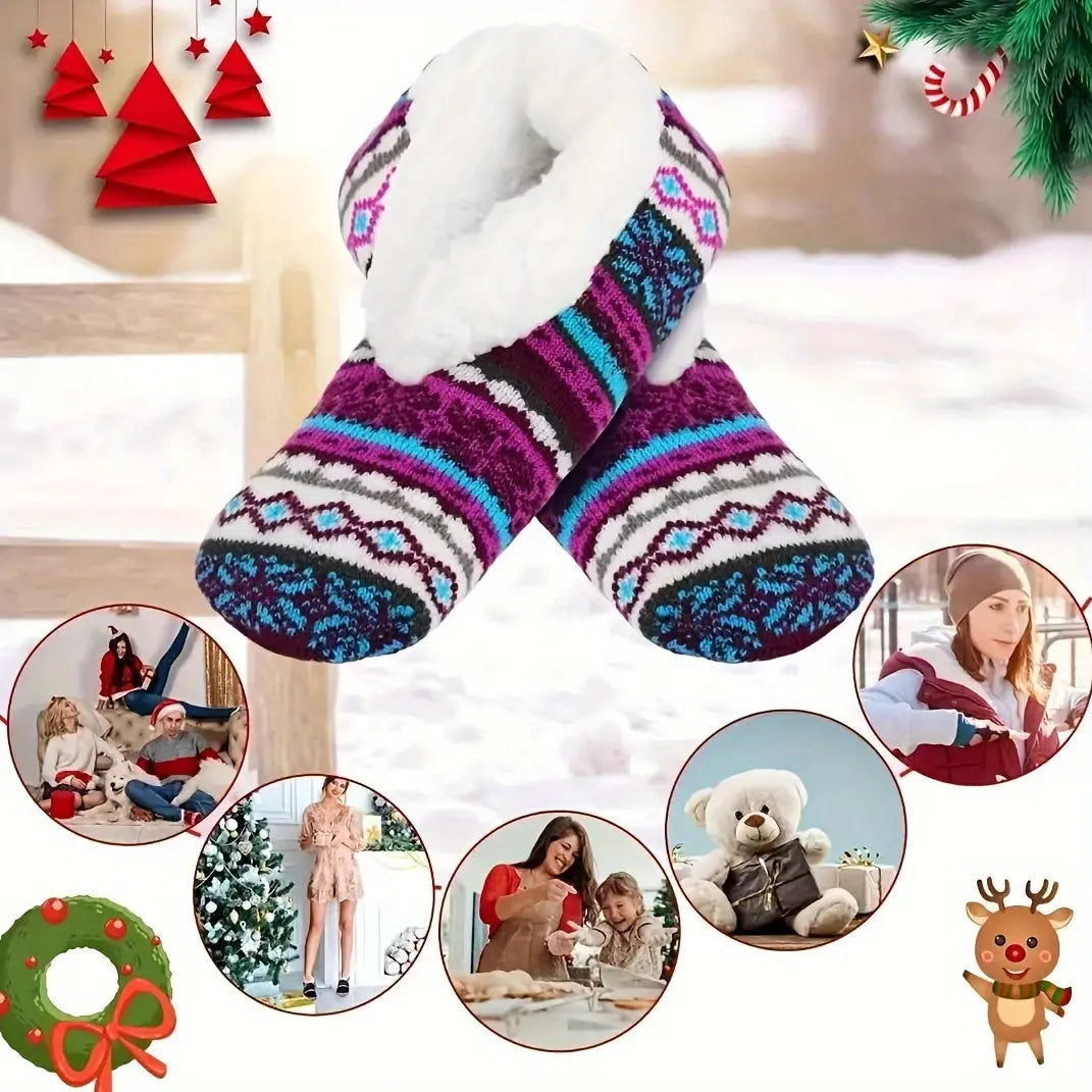 Cozy Christmas-Themed Women's Slipper Socks - 1 Pair, Warm & Soft Cotton Blend, Non-Slip Winter Indoor Slippers with Festive Patterns, Perfect for Home Comfort MyFave Boutique