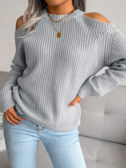 Solid Color Crew Neck Cold Shoulder Knitted Tops, Casual Everyday Pullover Sweaters, Women's Clothing MyFave Boutique