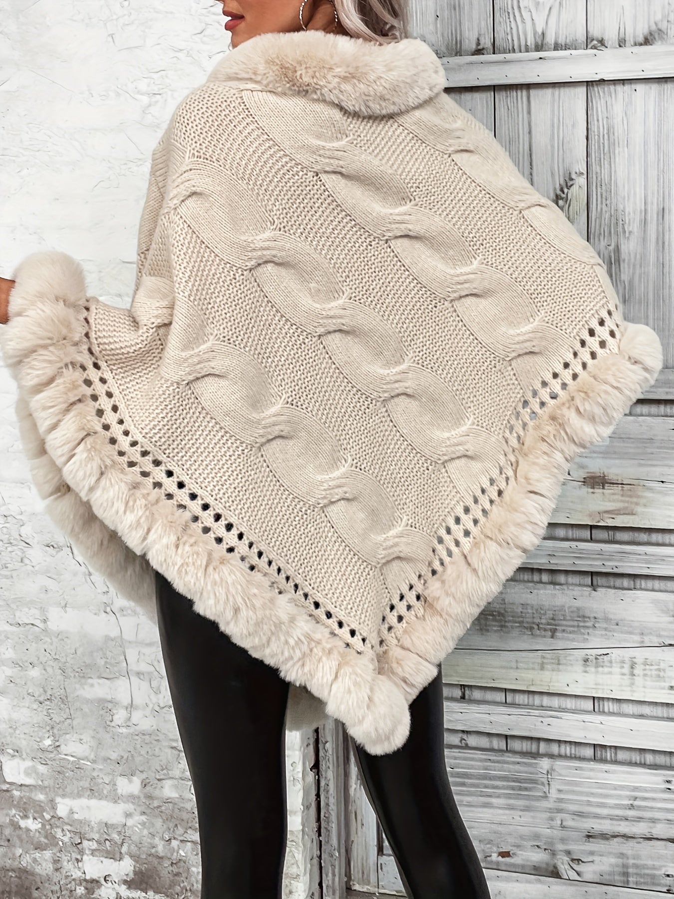 Cable Knit Faux-Fur Trim Cape Top, Elegant Solid Pullover Knitted Top For Fall & Winter, Women's Clothing MyFave Boutique