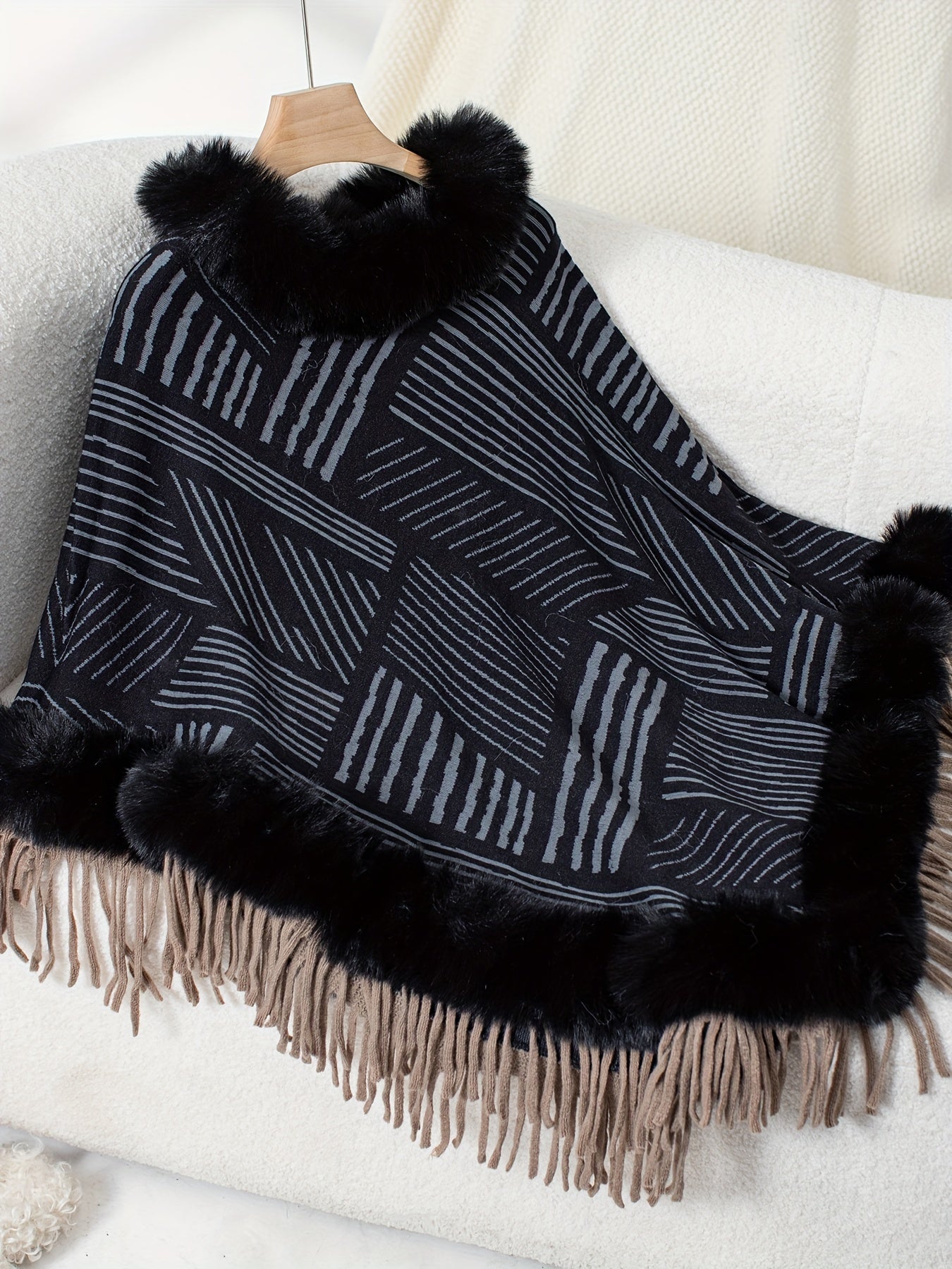 Stripe Pattern Fringe Hem Fuzzy Trim Poncho, Elegant Thermal Hanky Hem Crew Neck Cape For Fall & Winter, Women's Clothing MyFave Boutique