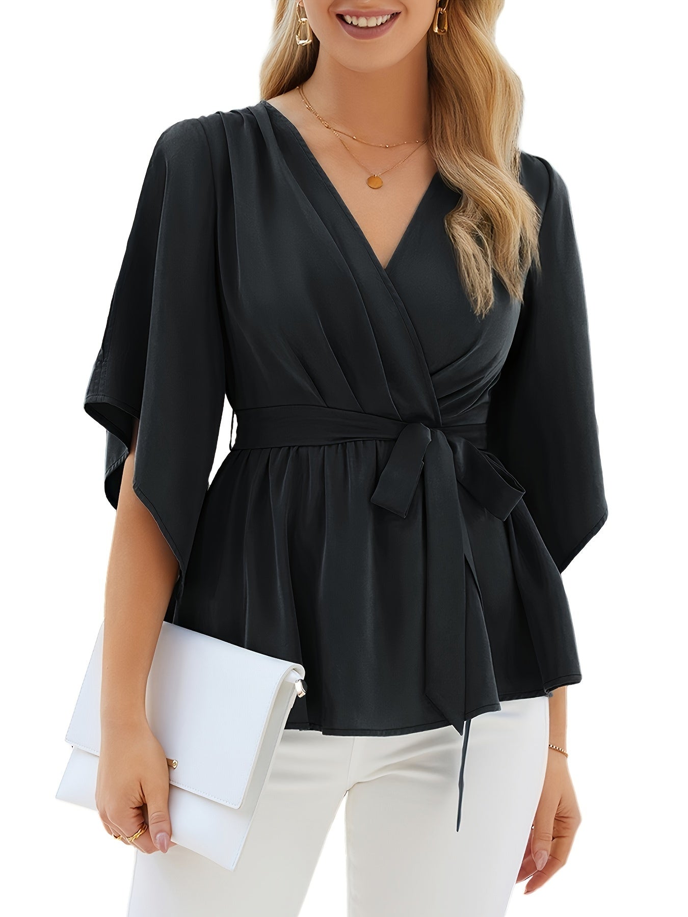 Solid Surplice Neck Wrap Blouse, Casual Lace Up 3/4 Sleeve Ruffle Trim Blouse For Spring & Summer, Women's Clothing MyFave Boutique