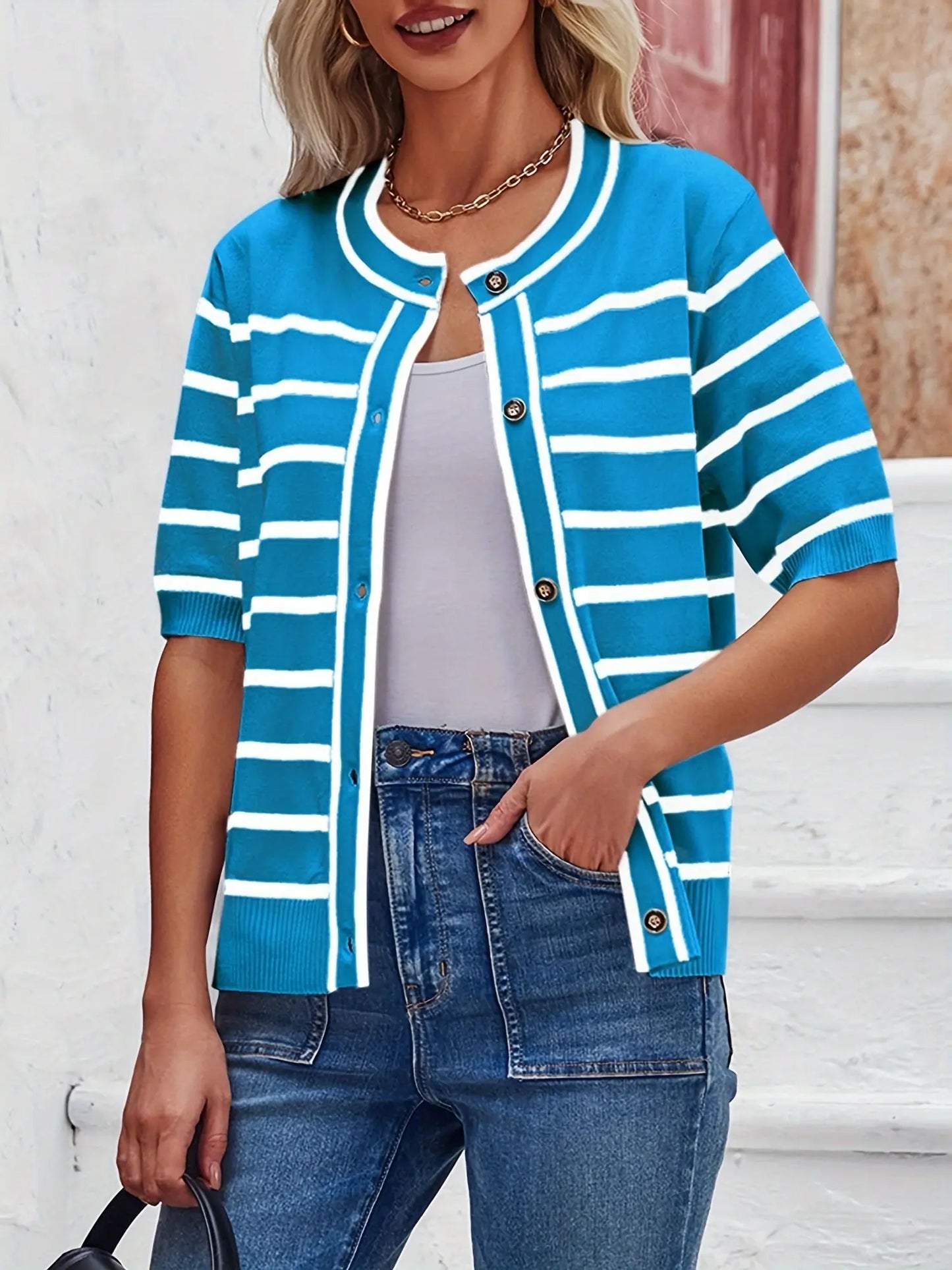 Women's Lightweight Striped Cardigan Sweater - Short Sleeve, Button Down, Crew Neck MyFave Boutique