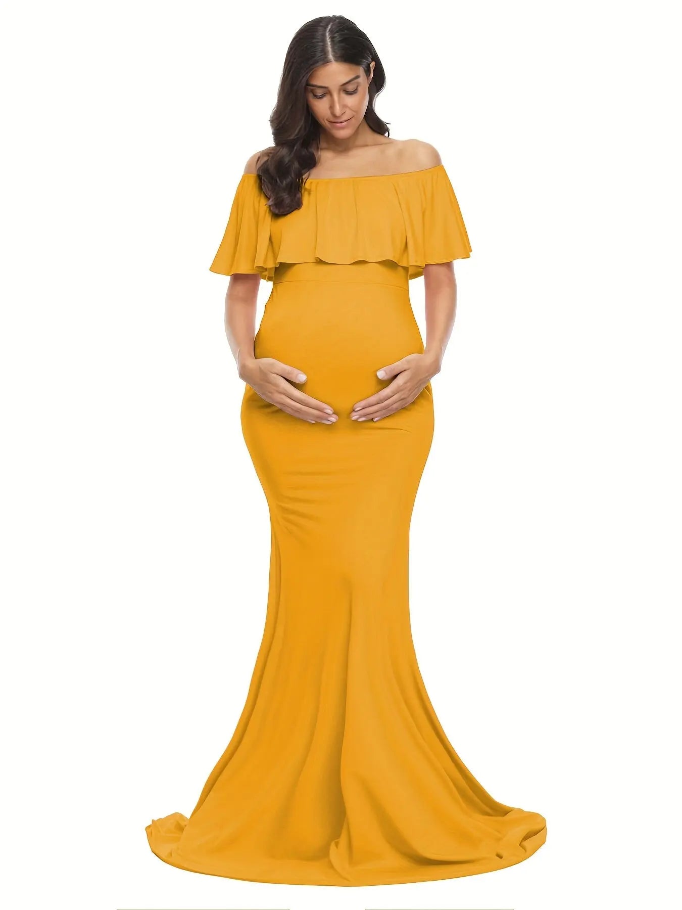 Womens Off Shoulder Maternity Dress Ruffles Elegant Slim Gowns Fit Maxi Photography Dress MyFave Boutique