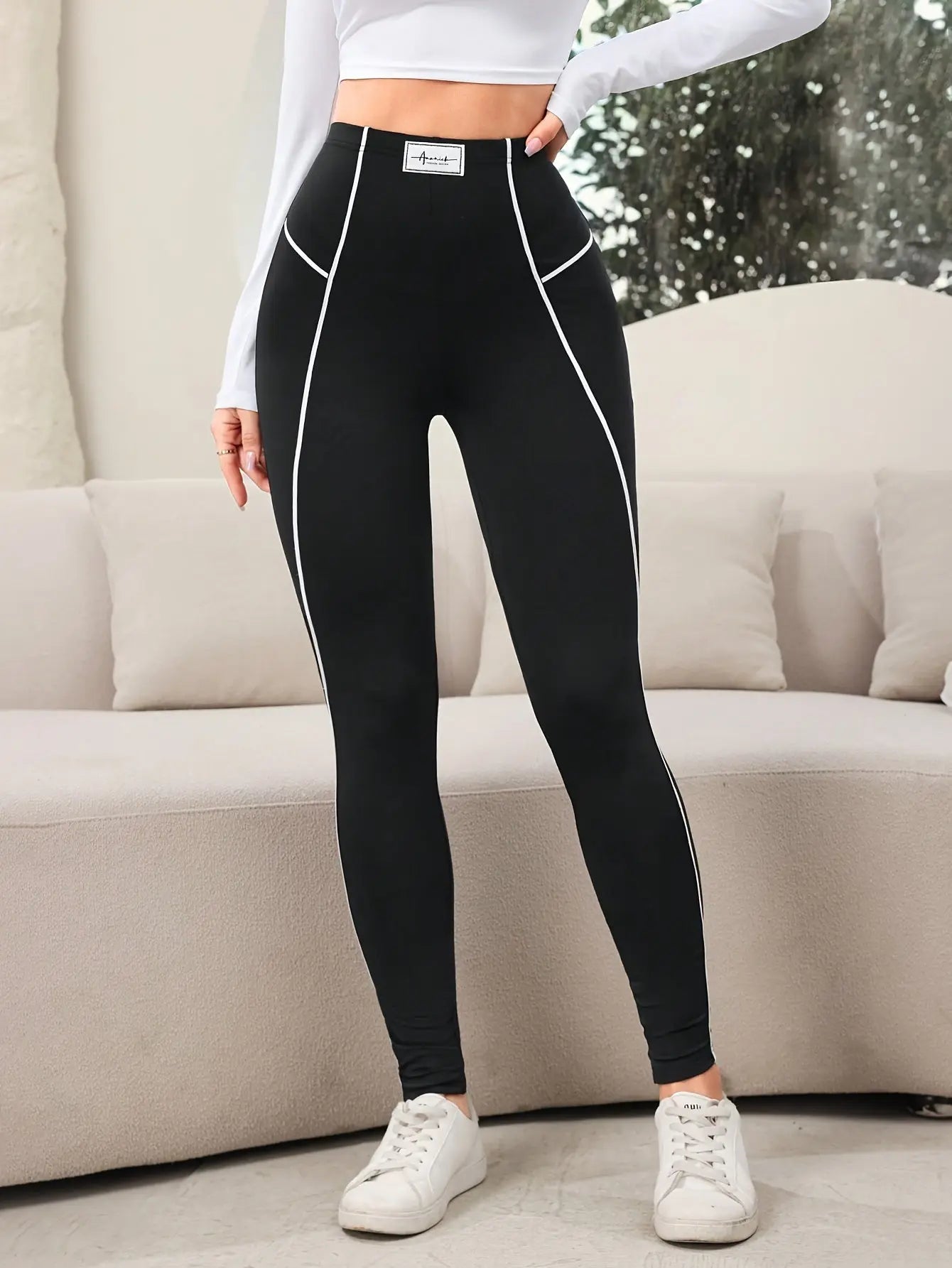 Contrast Trim High Waist Leggings, Casual Skinny Fit Leggings For Spring & Summer, Women's Clothing MyFave Boutique