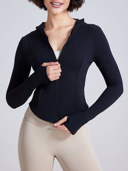 Women's Sports Fitness Zipper Hooded Coat, Solid Color Long Sleeve Yoga Top For Women MyFave Boutique