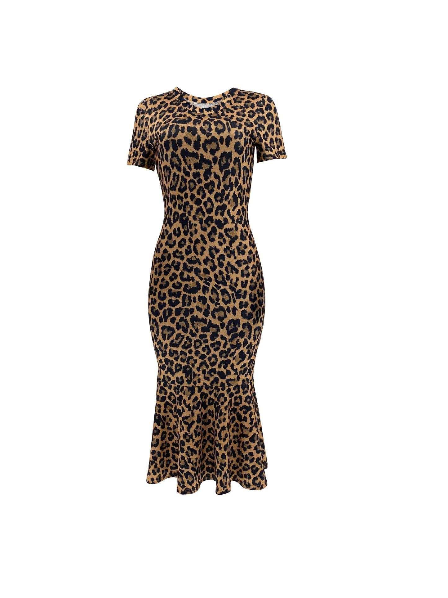 Leopard Print Crew Neck Dress, Elegant Short Sleeve Ruffle Hem Slim Fit Dress For Spring & Summer, Women's Clothing MyFave Boutique