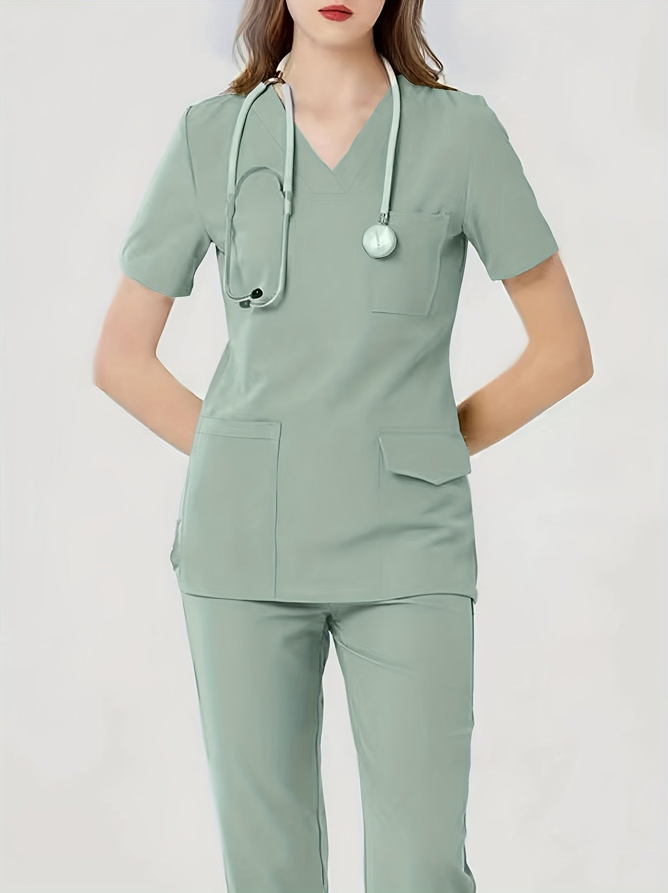 Comfortable & Functional Matching Two-piece Set, Pockets V-neck Top & Solid Pants Health Care Uniform, Women's Clothing MyFave Boutique