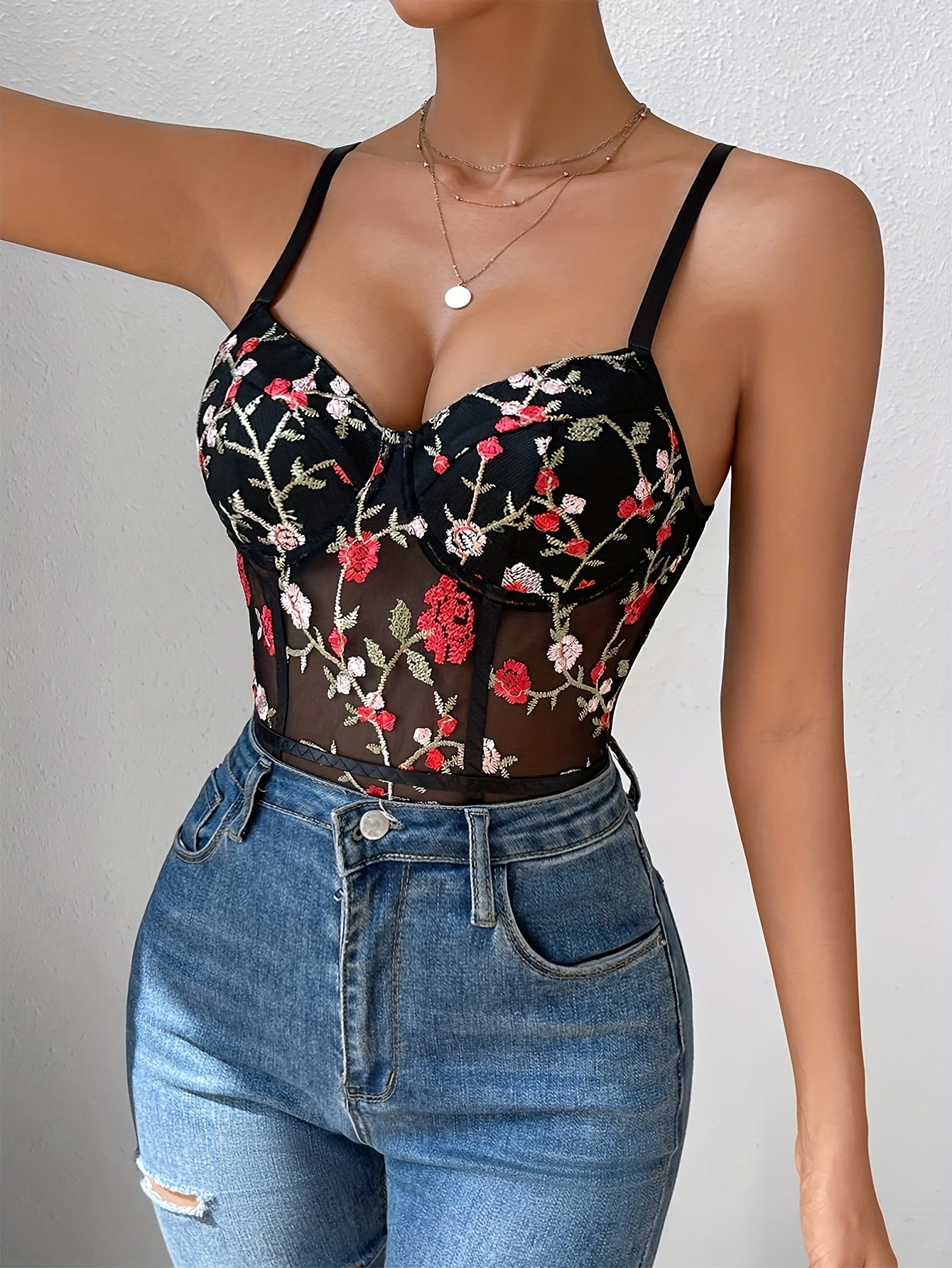 Flower Embroidery Contrast Lace Bodysuit, Sexy Low Cut Neck Spaghetti Strap Backless Slim Bodysuit, Women's Clothing MyFave Boutique