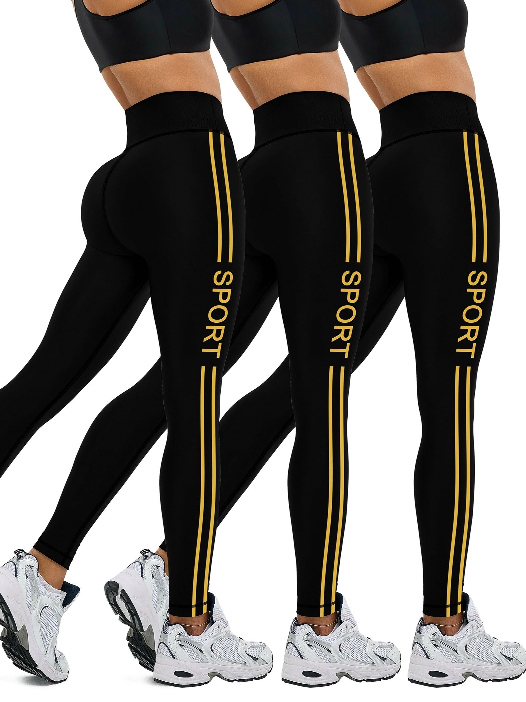 3-Pack Women's High-Waist Sport Leggings, Striped, Letter Print, Stretch, Gym, Fitness, Yoga Pants MyFave Boutique