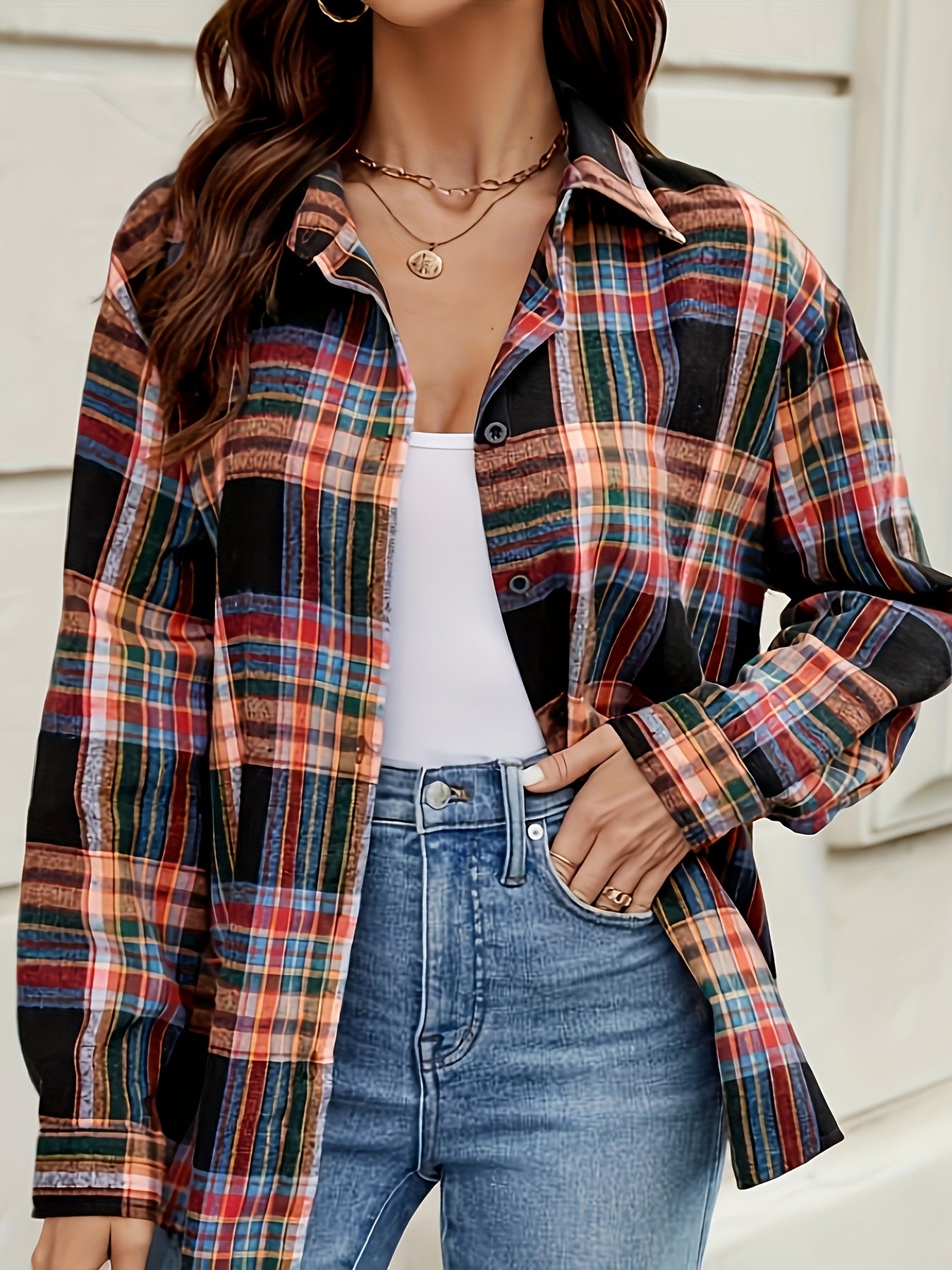 Plaid Print Lapel Neck Blouse, Casual Button Front Long Sleeve Blouse For Spring & Fall, Women's Clothing MyFave Boutique