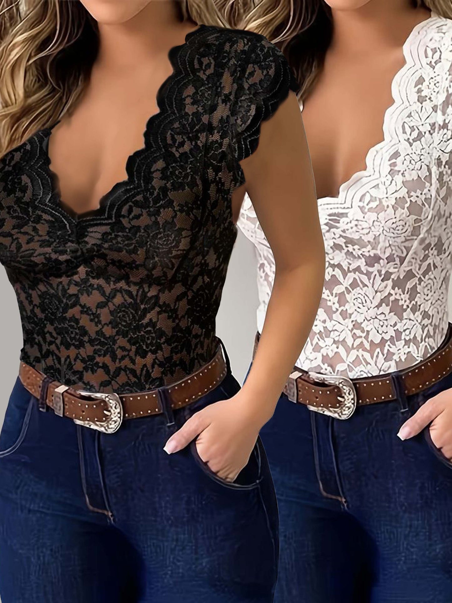 2pcs Fashion Sexy Summer Women's V-Neck Cutout Sexy Tight Top Solid Color Pullover Lace Shirt Vest Pack Of 2 MyFave Boutique