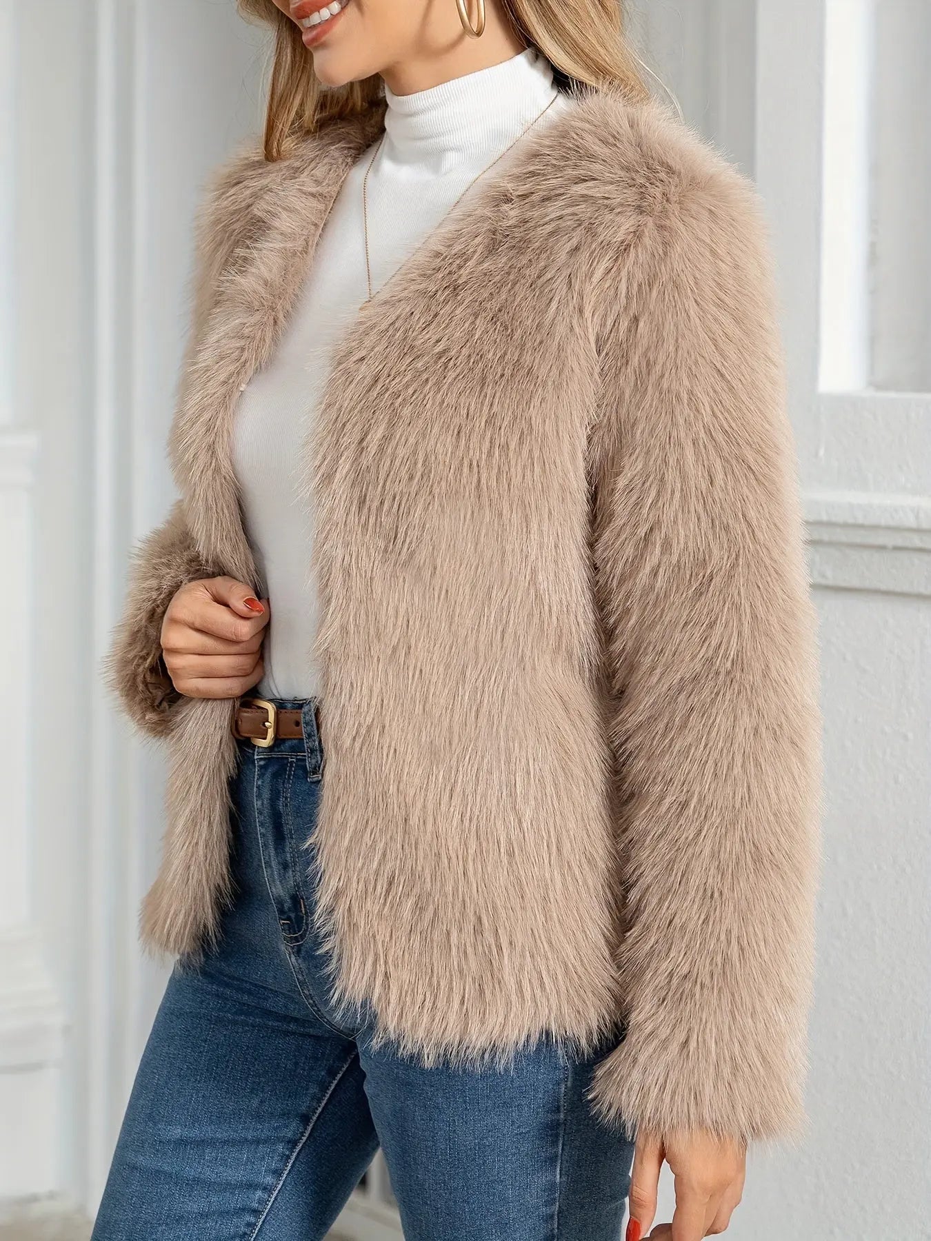 Solid Open Front Furry Cost, Elegant Long Sleeve Coat For Winter, Women's Clothing MyFave Boutique