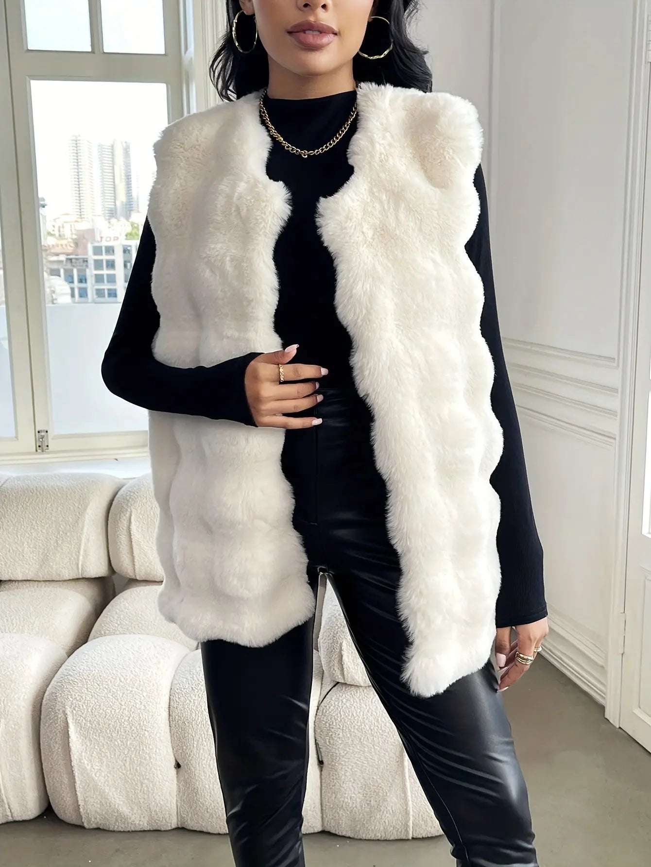 Faux Fur Open Front Fuzzy Coat, Elegant Sleeveless Warm Outerwear For Fall & Winter, Women's Clothing MyFave Boutique