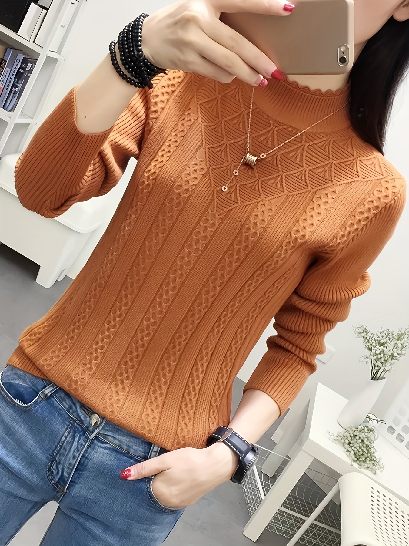 Cable Knit Mock Neck Sweater, Vintage Long Sleeve Sweater For Fall & Winter, Women's Clothing MyFave Boutique