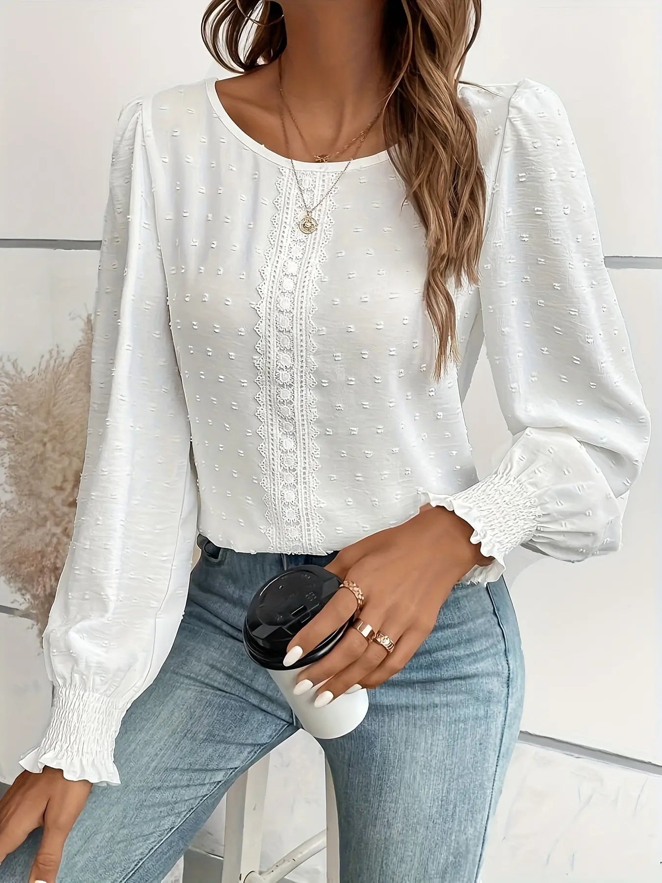 Swiss Dot Lace Trim Crew Neck Blouse, Long Sleeve Shirred Cuff Top for Spring & Fall, Women's Clothing MyFave Boutique