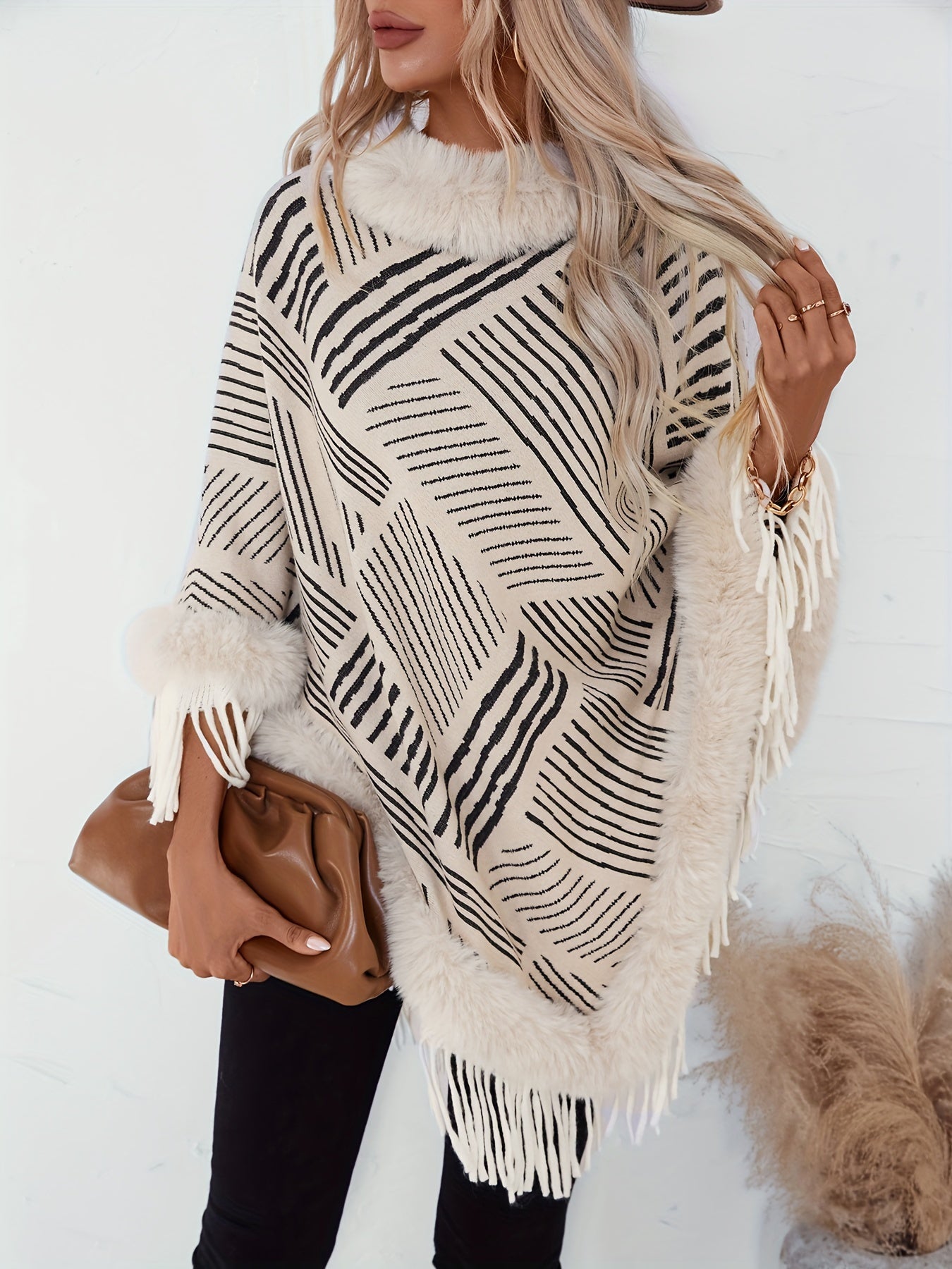 Stripe Pattern Fringe Hem Fuzzy Trim Poncho, Elegant Thermal Hanky Hem Crew Neck Cape For Fall & Winter, Women's Clothing MyFave Boutique