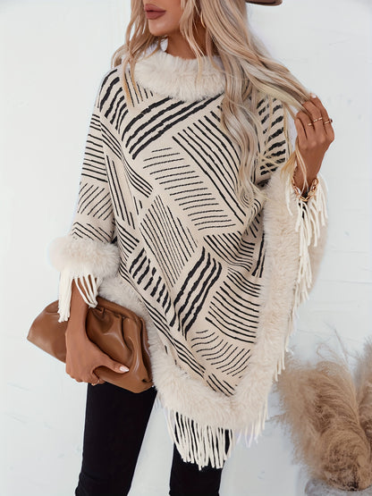 Stripe Pattern Fringe Hem Fuzzy Trim Poncho, Elegant Thermal Hanky Hem Crew Neck Cape For Fall & Winter, Women's Clothing MyFave Boutique